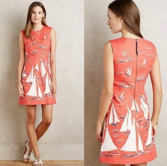 Anthropologie Maeve Berru Sailboat Shift Dress Size Red White Preppy Nautical 4 - Picture 4 of 16